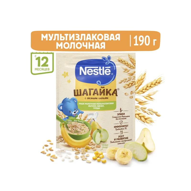 NESTLÉ® SHAGAYKA® bo'tqasi ",nok, olma va banan bo'laklari bilan" 12 oydan boshlab, 190 gr