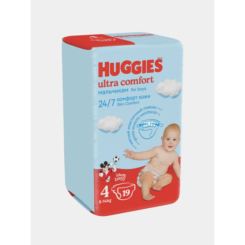 Huggies ultra comfort 4, 19 dona(8–14 kg) (o'g'il bola)